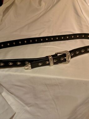 Studded Black Leather Belt with Silver Buckle